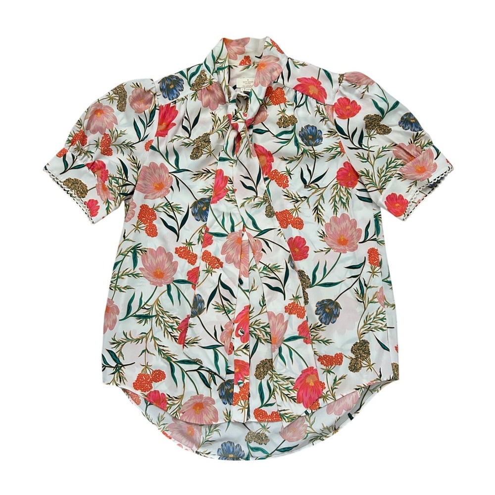 Kate Spade blossom‎ floral tie Blouse Short scallop lace Sleeve Pink White Small